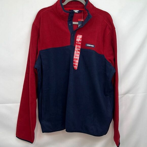 Lands End Mens red and navy blue snap fleece shirt size XL NWT - Picture 2 of 13